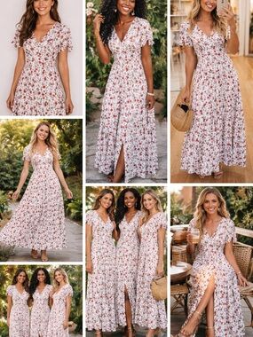 Floral Maxi Dress Red/White Romantic Summer Boho Cottagecore V-neck Short Sleeve
